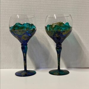 2 wine glasses made in Curtea Sticlarului Romanian Euroglass hand blown 8 inch